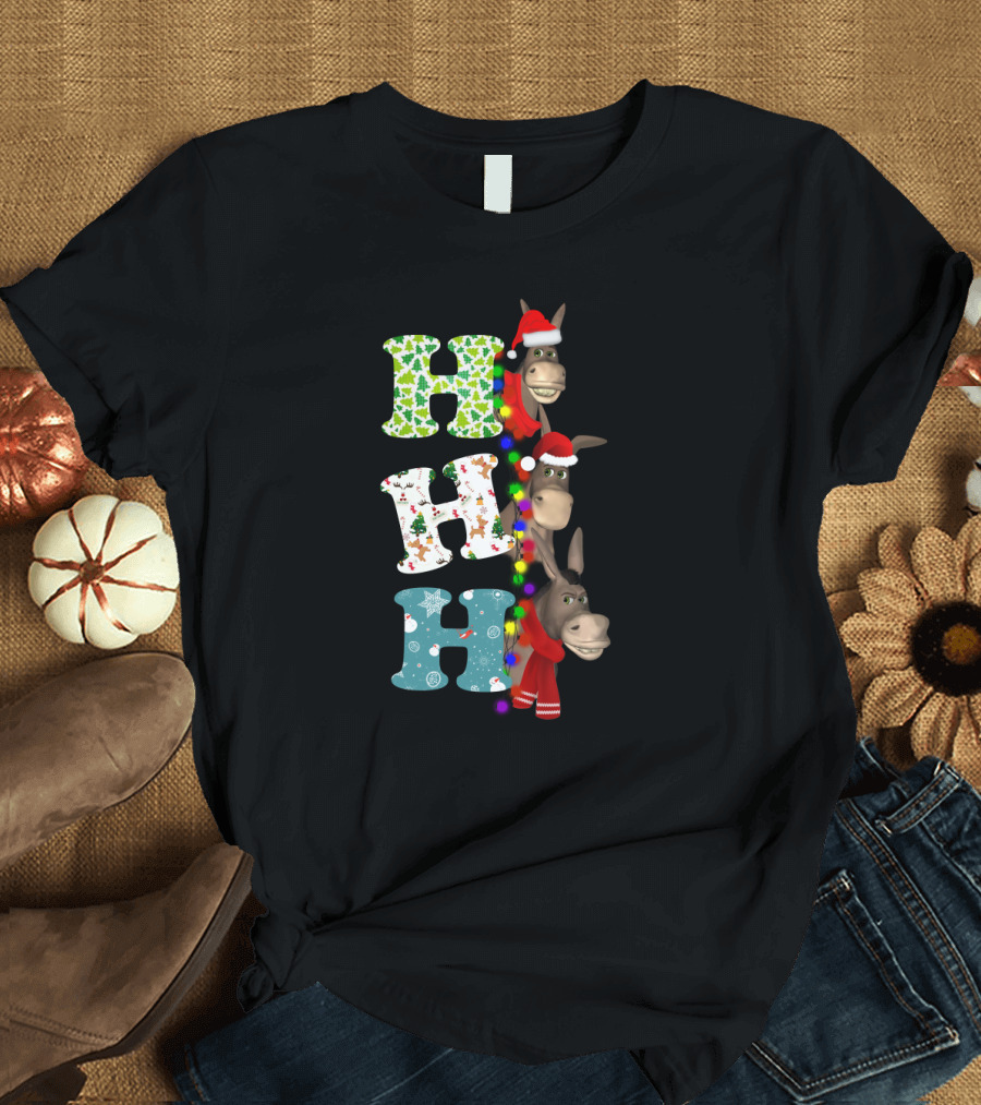 Hohoho Christmas Donkey with Santa Hats and Colorful Lights T-Shirt