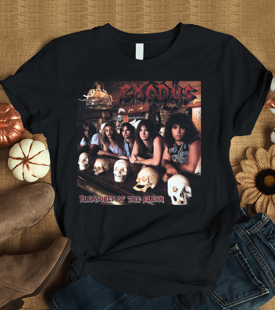 Exodus Pleasures of the Flesh Album Cover with Band Members and Skulls T-Shirt