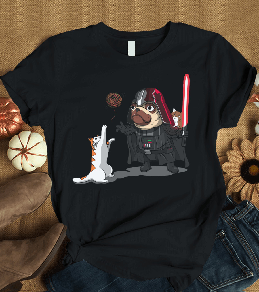 Pug Vader with Lightsaber and Cats Playing with Yarn Star Wars T-Shirt
