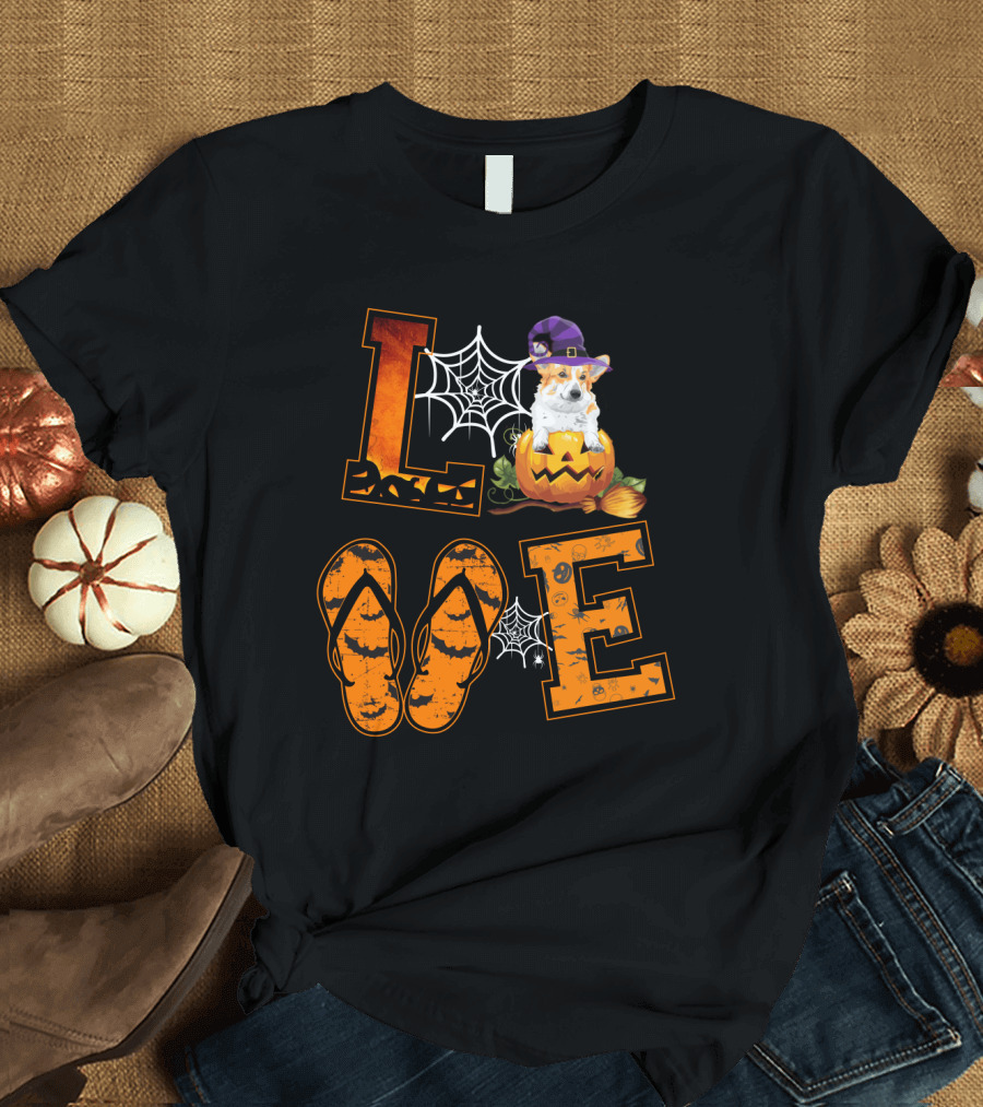 LOVE Corgi Pumpkin Witch Hat Halloween Spiderweb Flip Flops T-Shirt