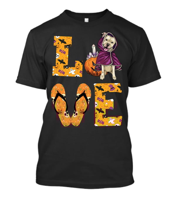 Halloween Pitbull Dog LOVE Candy Pumpkin Ghosts Bats Skeletons Costume T-Shirt