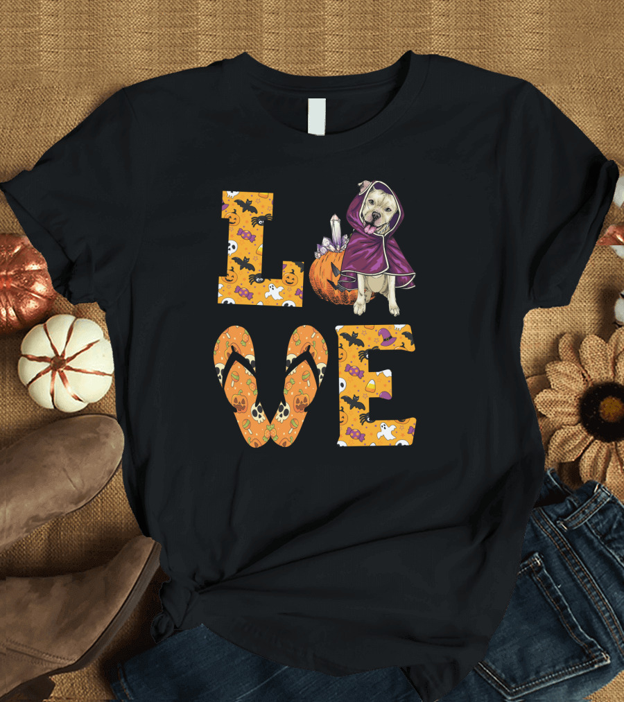 Halloween Pitbull Dog LOVE Candy Pumpkin Ghosts Bats Skeletons Costume T-Shirt