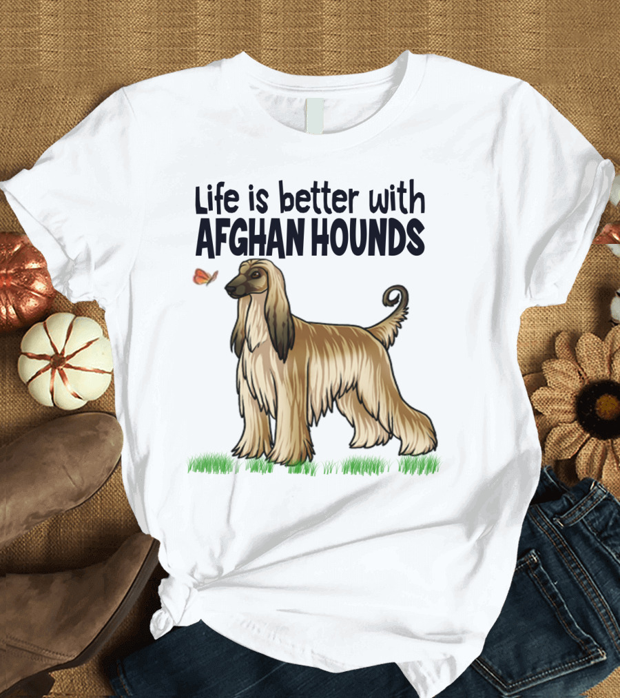 Life Is Better with Afghan Hounds Vintage Style Featuring Elegant Afghan Hound and Butterfly T-Shirt