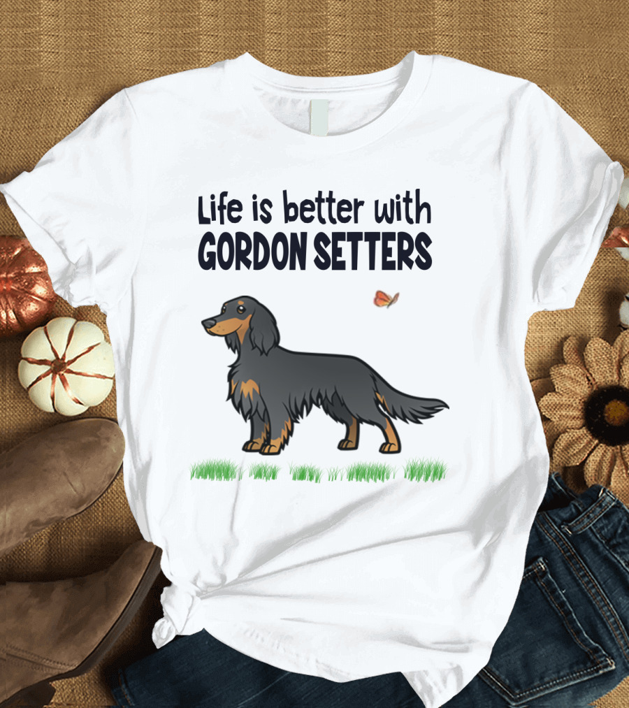 Life Is Better With Gordon Setters Charming Dog Illustration Featuring Butterfly and Grass T-Shirt