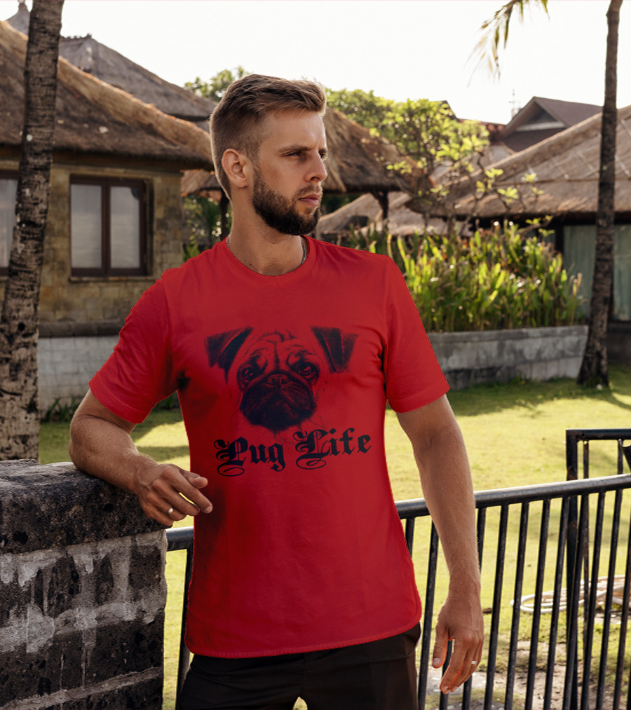 Pug Life Gothic Script With Realistic Pug T-Shirt