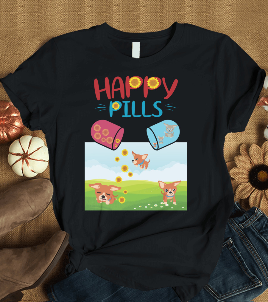 Happy Pills Chihuahuas Playing with Sunflowers T-Shirt