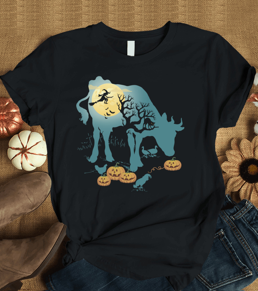 Halloween Cow Silhouette with Witch, Pumpkins, and Moonlit Scene T-Shirt