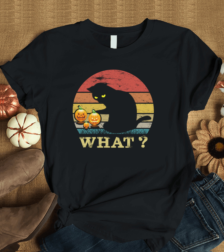 What? Funny Black Cat with Jack-o'-Lanterns Retro Halloween T-Shirt