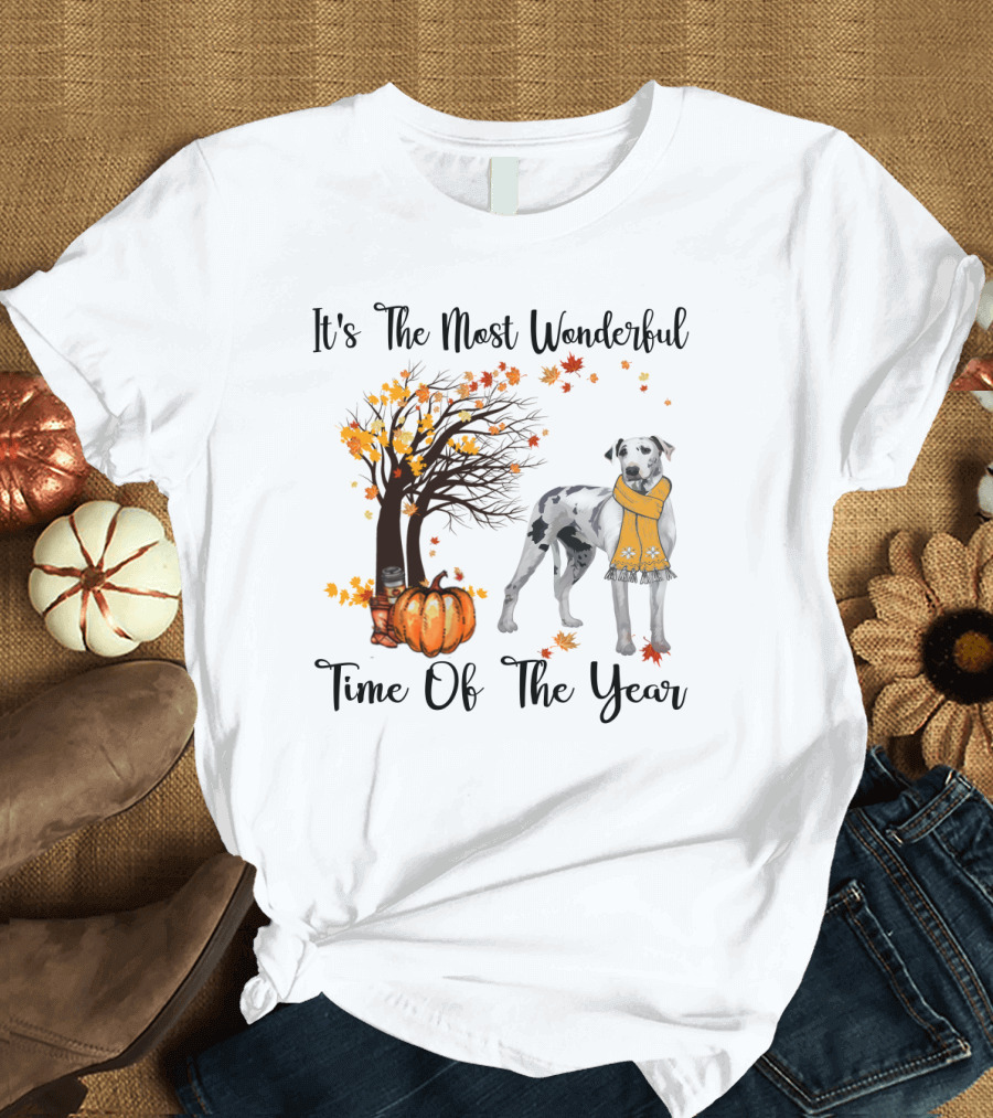 It's The Most Wonderful Time Of The Year Dalmatian Autumn Leaves Pumpkin Scarf T-Shirt