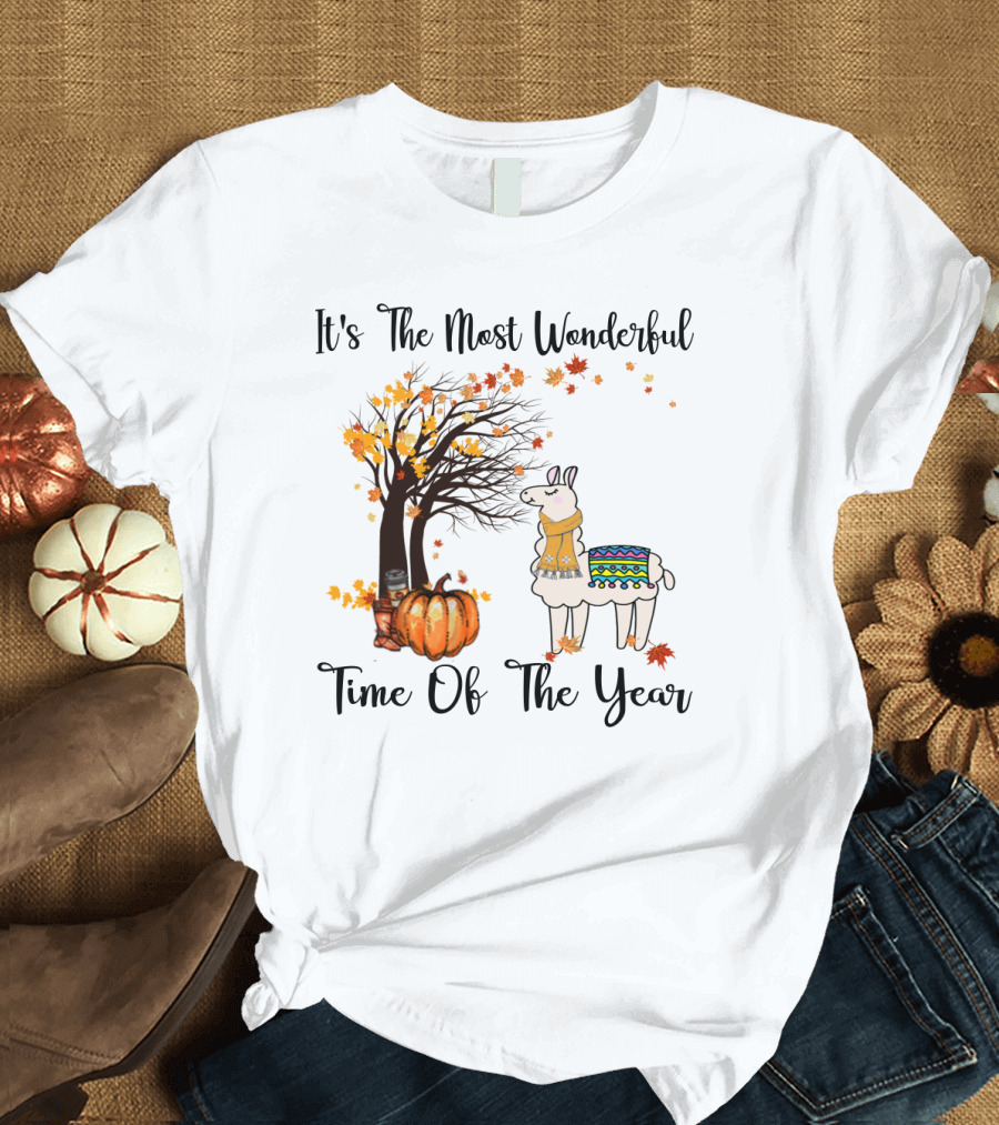 It's The Most Wonderful Time Of The Year Llama Autumn Leaves Pumpkin Tree T-Shirt