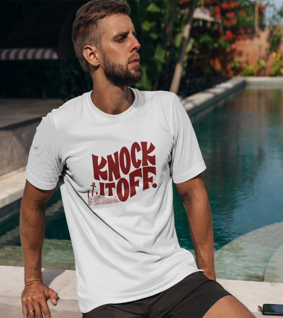 KNOCK IT OFF Lettering With Rising Arrow Figures T-Shirt