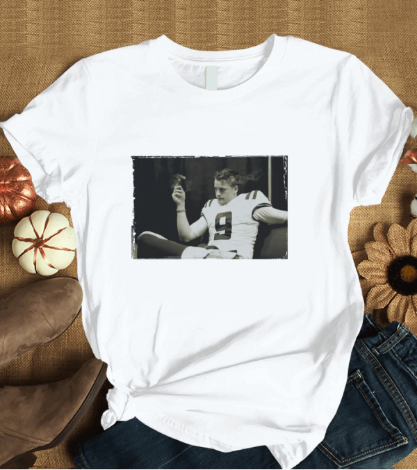 T-Shirt: Smoking Joe Burrow Cigar Relaxing in Football Jersey Number 9 T-Shirt Smoking Joe Burrow Cigar Relaxing in Football Jersey Number 9 T-Shirt