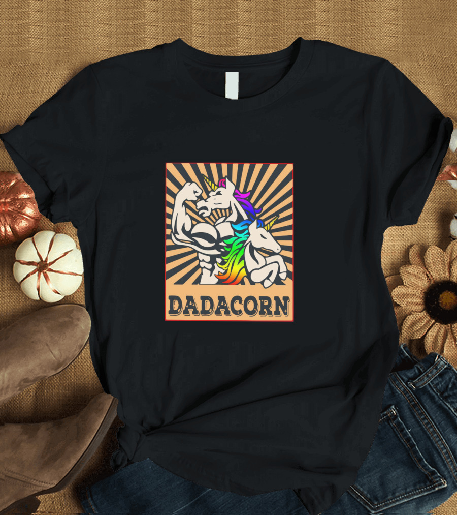 Dadacorn Muscular Rainbow Unicorn Duo with Sunburst Background T-Shirt