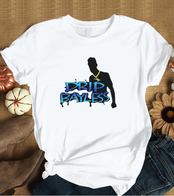 T-Shirt: Drip Bayless Silhouette with Gold Chain and Blue Graffiti Text T-Shirt Drip Bayless Silhouette with Gold Chain and Blue Graffiti Text T-Shirt