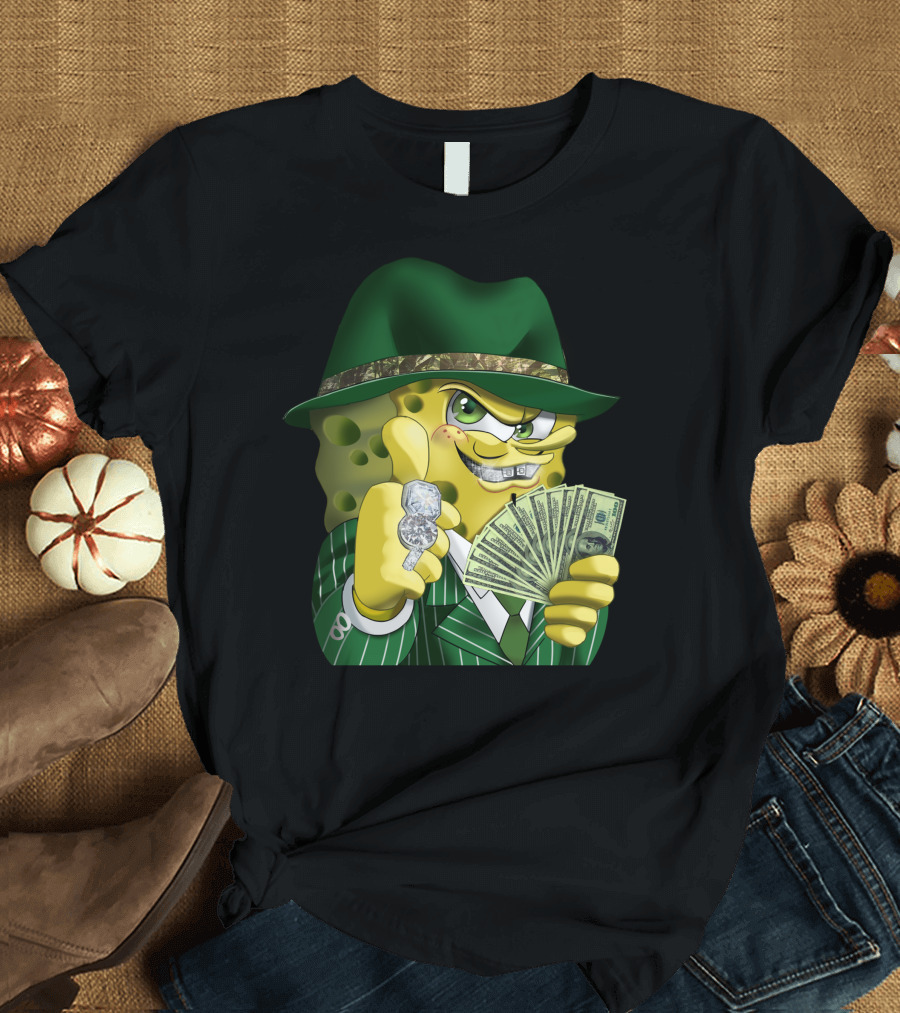 SpongeBob Gangster Style in Green Suit and Hat with Money and Diamonds T-Shirt