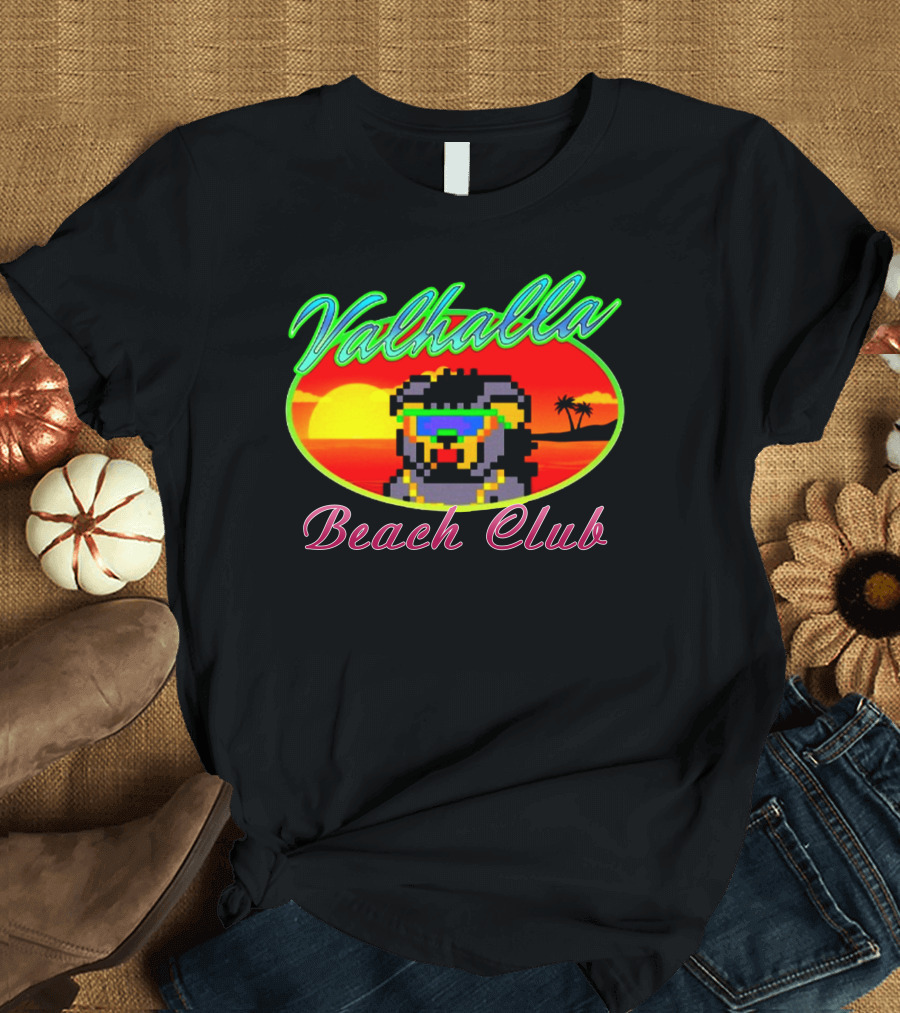 Valhalla Beach Club 80s Retro Pixel Sunset and Palm Trees T-Shirt