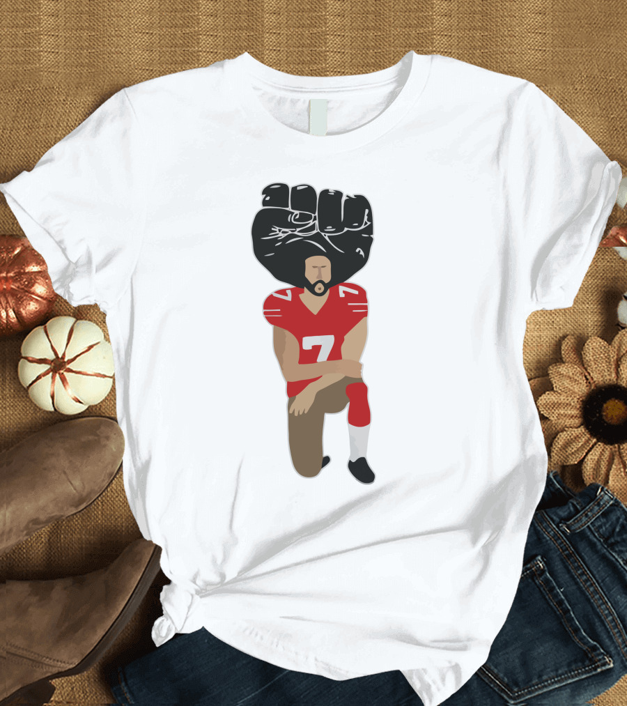 Colin Kaepernick Kneeling with Raised Fist and Red Football Jersey Number 7 T-Shirt