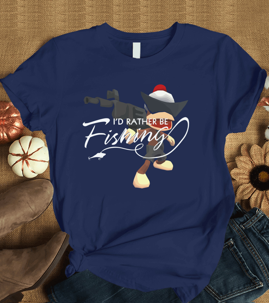 I'd Rather Be Fishing Video Game Character with Rod and Hat T-Shirt