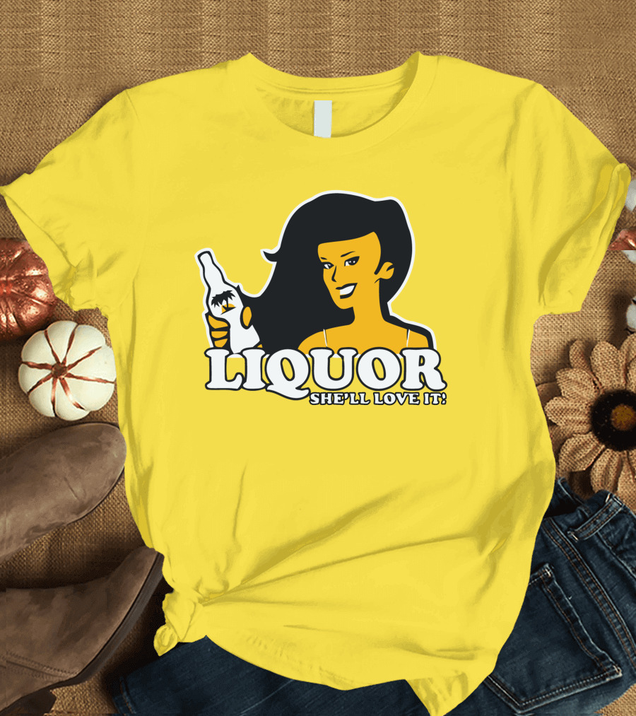 Liquor She'll Love It Retro Pin-Up Style Woman Holding Bottle T-Shirt