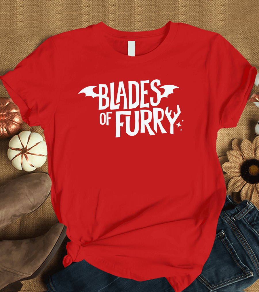 Blades of Furry Text with Bat Wings and Stars T-Shirt