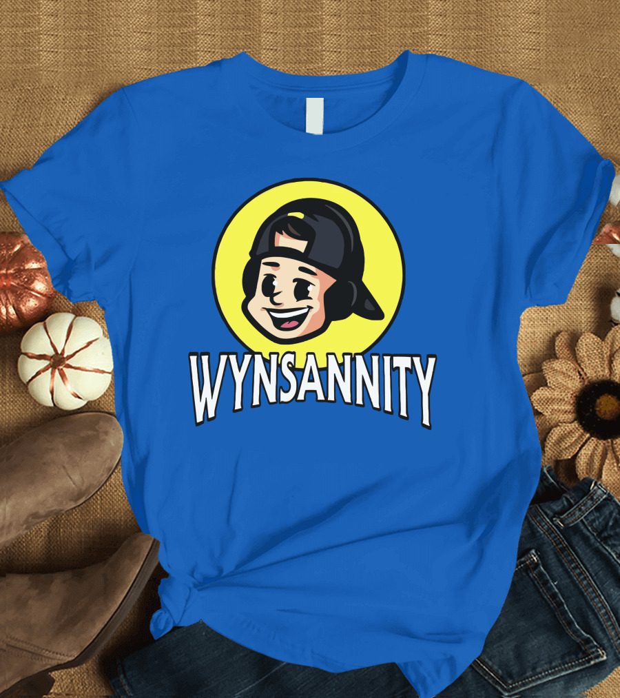Wynnsanity Cartoon Character with Headphones and Backwards Cap Icon in Yellow Circle T-Shirt