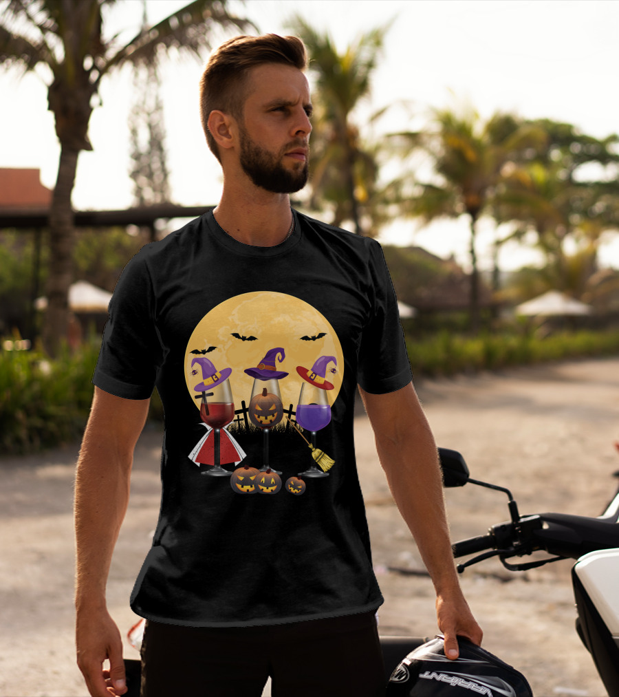 Halloween Wine Lovers Witches With Jack-o'-Lanterns And Full Moon T-Shirt
