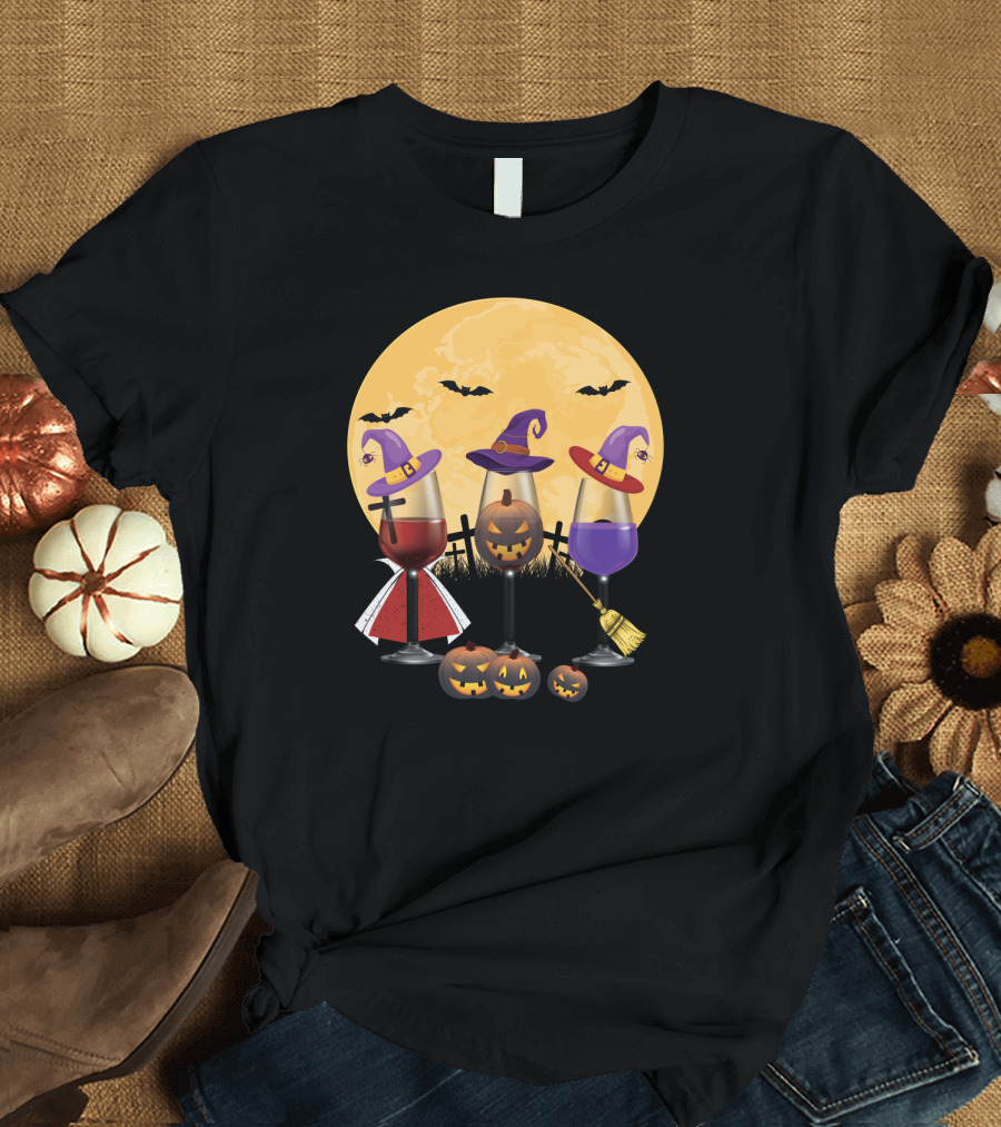Halloween Wine Lovers Witches with Jack-o'-Lanterns and Full Moon T-Shirt