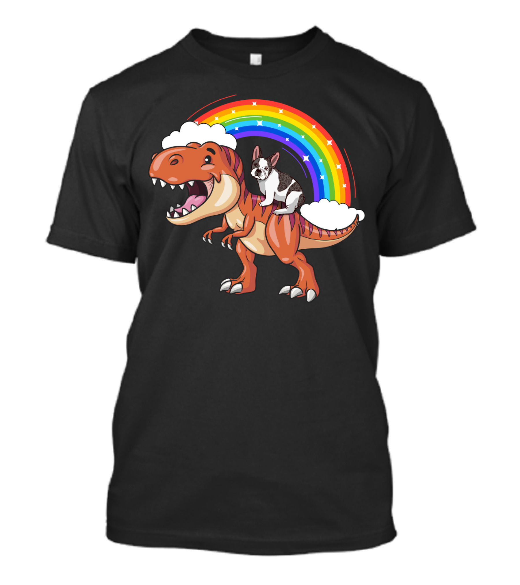 French Bulldog Riding Dinosaur With Rainbow And Clouds T-Shirt