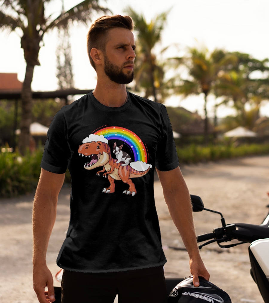 French Bulldog Riding Dinosaur With Rainbow And Clouds T-Shirt