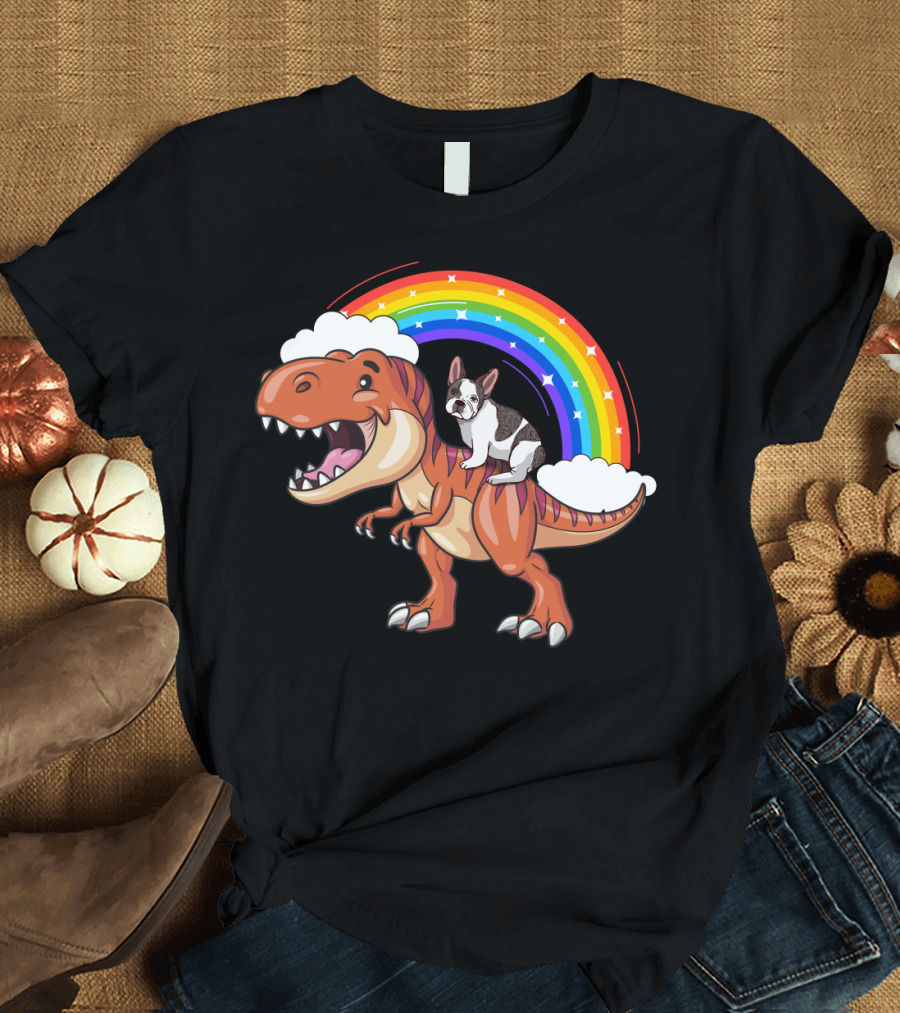 French Bulldog Riding Dinosaur with Rainbow and Clouds T-Shirt