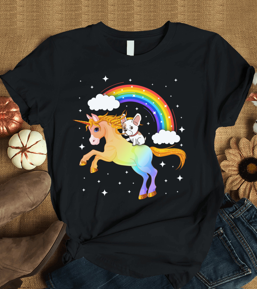 French Bulldog Riding Rainbow Unicorn With Stars And Clouds T-Shirt