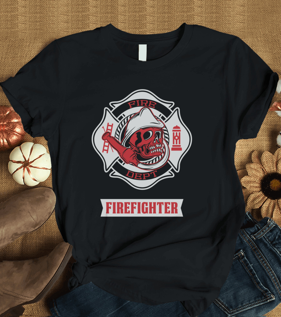 Firefighter Skull Fire Dept Maltese Cross T-Shirt