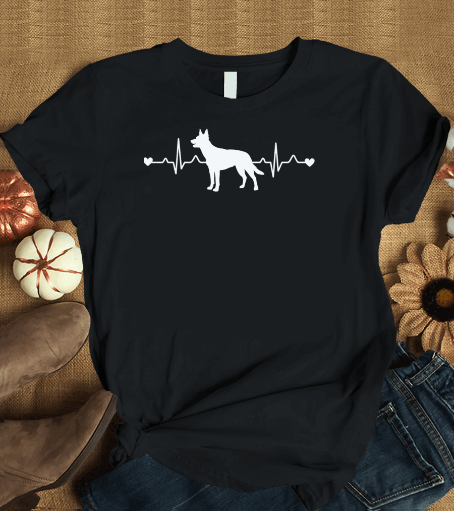 Australian Kelpie Silhouette With Heartbeat Pulse ECG And Love Hearts T-Shirt