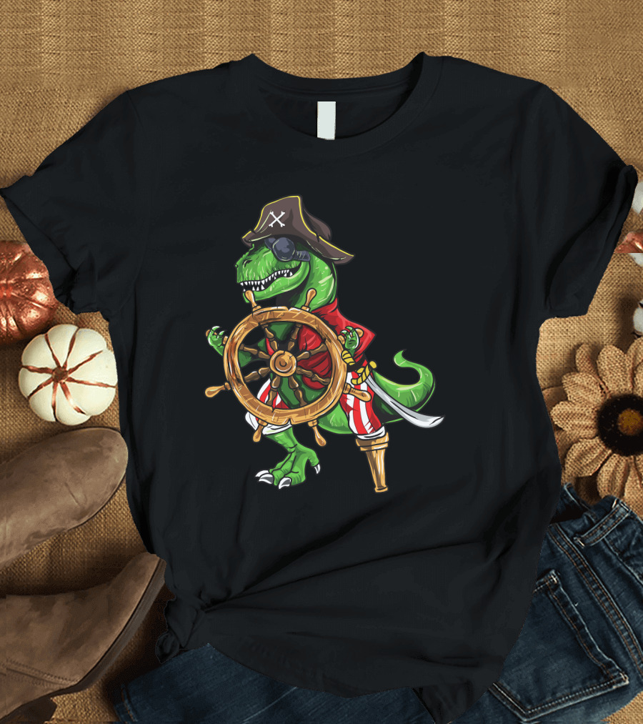T-Rex Pirate Hat Wooden Leg Steering Ship Wheel Halloween Skull T-Shirt