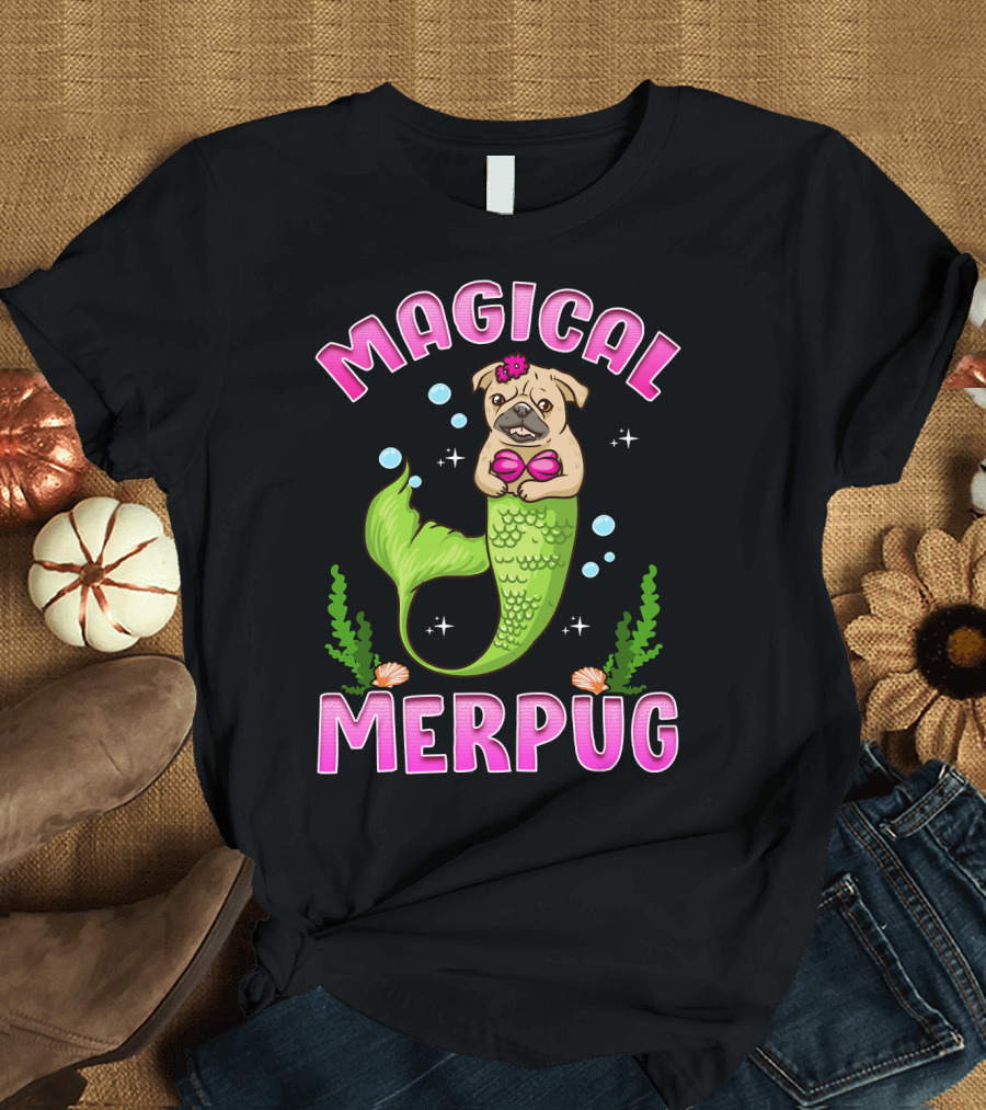 Magical Merpug Pug Dog with Mermaid Tail T-Shirt