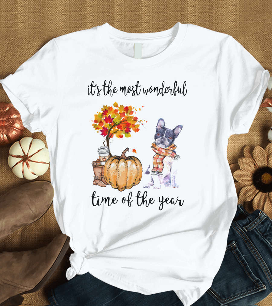 Its The Most Wonderful Time Of The Year Boston Terrier Autumn Pumpkin Leaves Coffee T-Shirt