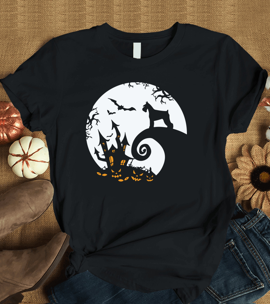 Funny Miniature Schnauzer And Moon Jack-O'-Lantern Halloween Night T-Shirt