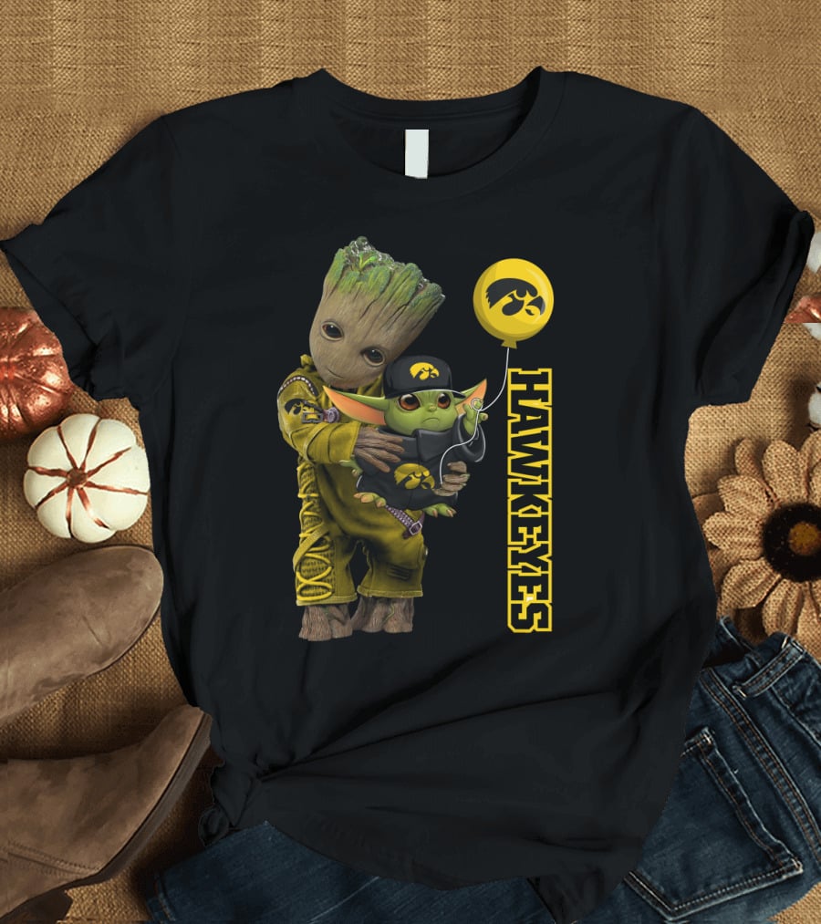 G&Y Iowa Hawkeyes Groot And Baby Yoda Balloon T-Shirt