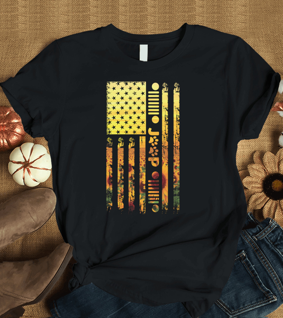 USA Flag Sunflower Paws Jeep Icon T-Shirt