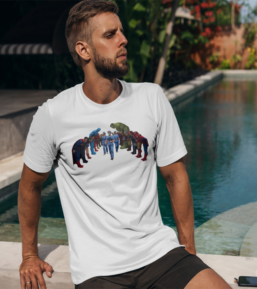 Healthcare Super Heroes Surrounded By Iconic Superhero Characters T-Shirt