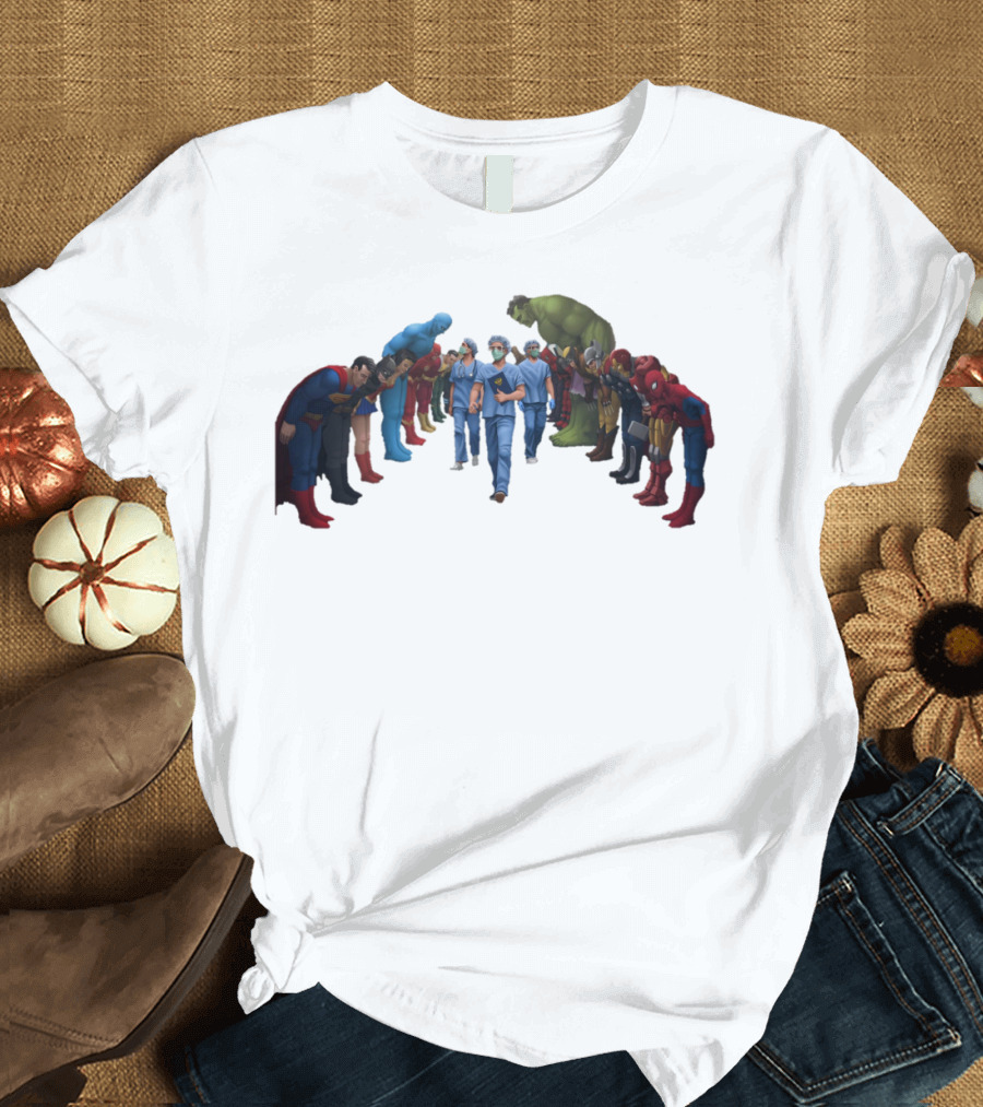 Healthcare Super Heroes Surrounded by Iconic Superhero Characters T-Shirt