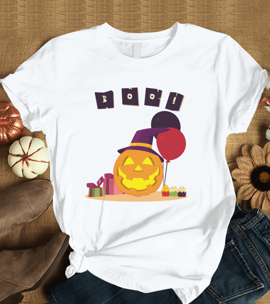 Boo Pumpkin Party with Witch Hat, Balloons, and Gifts T-Shirt