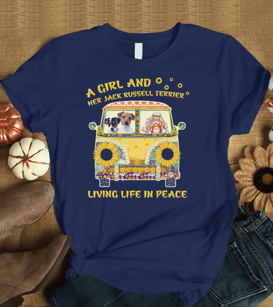 A Girl and Her Jack Russell Terrier Living Life in Peace Hippie Van with Sunflowers T-Shirt