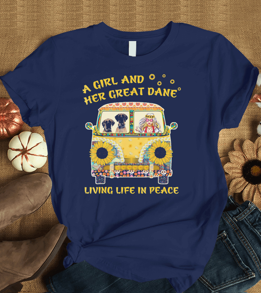 A Girl And Her Great Dane Living Life In Peace Sunflower Van T-Shirt