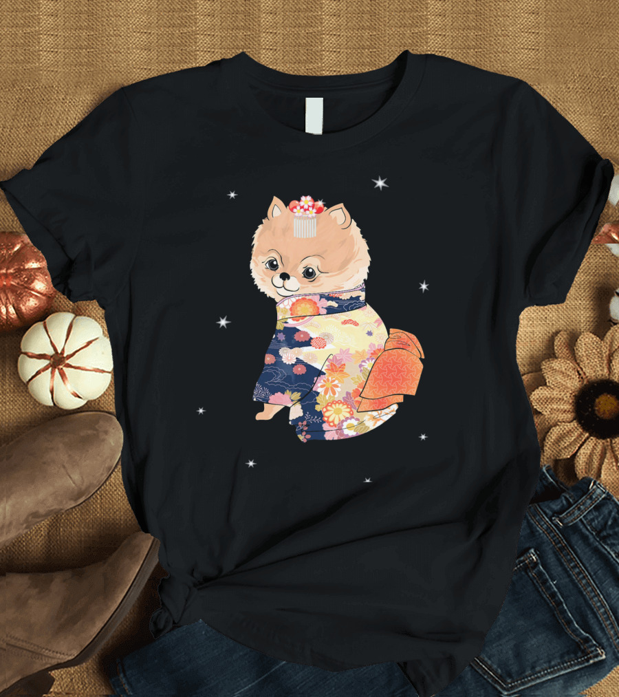 Pomeranian Dog in Floral Kimono with Stars T-Shirt