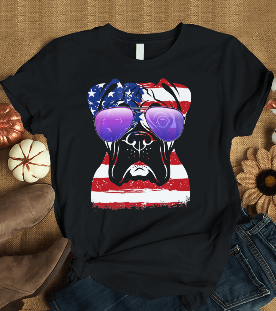 Boxer Dog with American Flag Sunglasses Patriotic T-Shirt