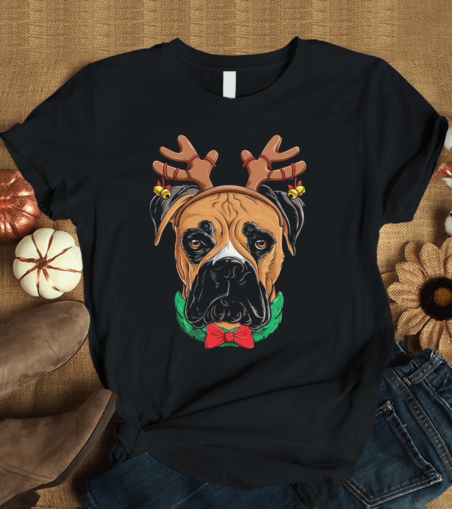 Boxer Dog with Reindeer Antlers Bow Tie Christmas T-Shirt