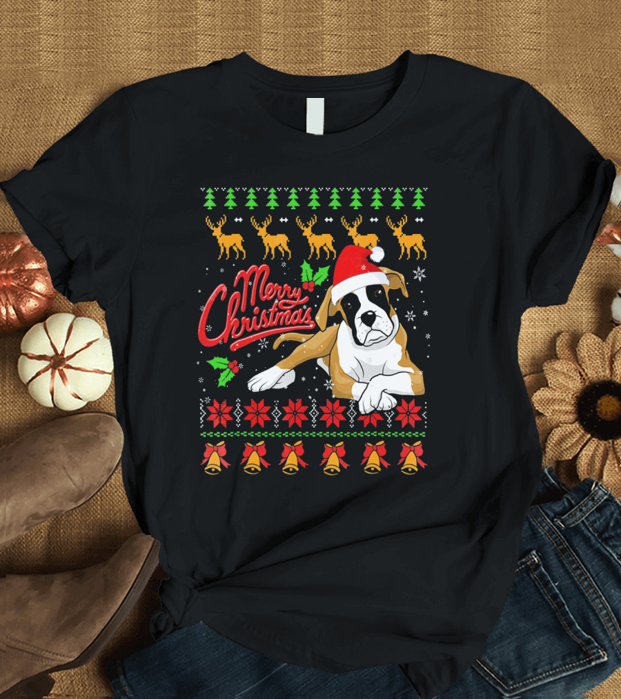 Merry Christmas Boxer Dog Santa Hat Reindeer Snowflakes T-Shirt