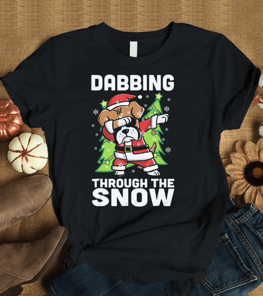 Dabbing Through The Snow Boxer Dog Santa Christmas Snowflakes Pine Trees T-Shirt