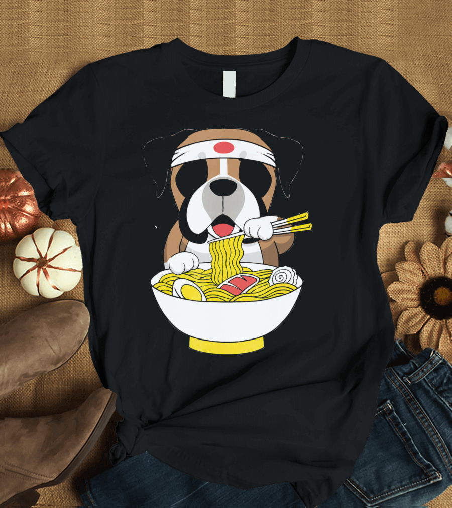 Boxer Dog Eating Japanese Ramen with Chopsticks in Funny T-Shirt